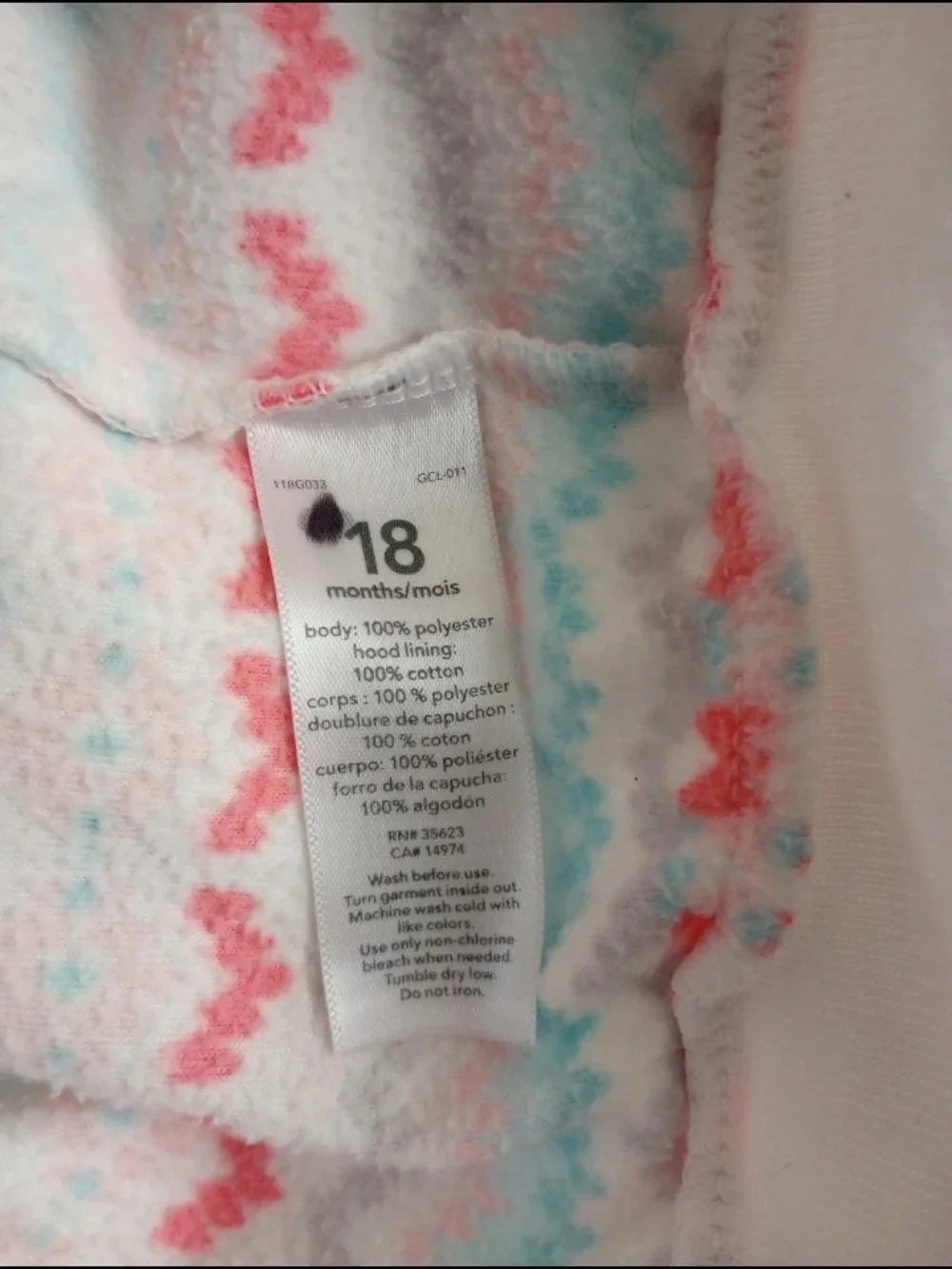 Carter's Coral Pink Blue Gray Fleece Hooded One-Piece Bodysuit 18 Months Baby